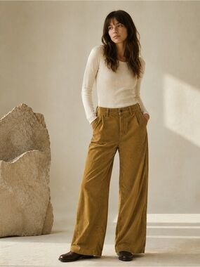 Frank And Oak Annie Corduroy Pants Camel Brown Wide Leg Organic Cotton Size 0